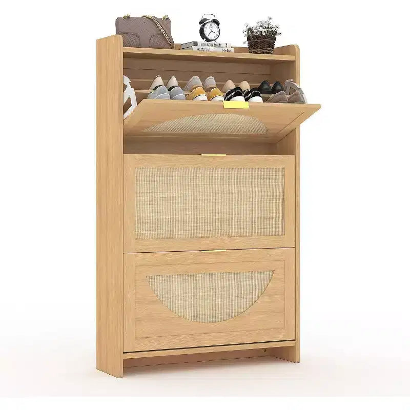 3 Flip Drawers Wood Shoe Storage Cabinet, Shoe Cabinet Freestanding with Rattan Doors & Adjustable Shelves for Entryway, Closet, Hallway