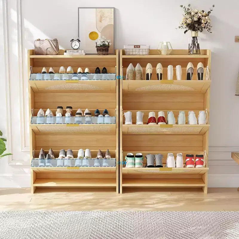3 Flip Drawers Wood Shoe Storage Cabinet, Shoe Cabinet Freestanding with Rattan Doors & Adjustable Shelves for Entryway, Closet, Hallway