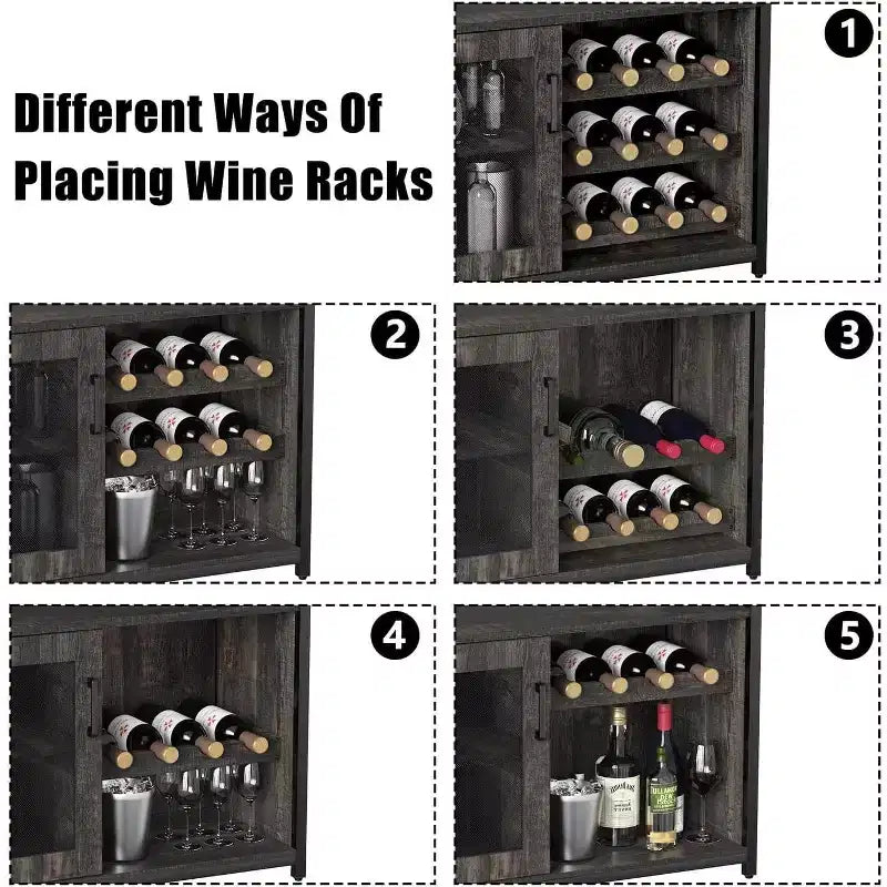 3-Tier Bar Cabinet with Detachable Wine Rack, Adjustable Shelves, Glass Holders, Buffet Sideboard for Dining Room Kitchen Living Room