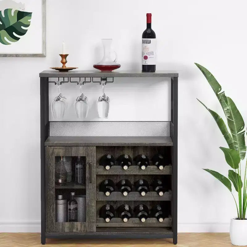 3-Tier Bar Cabinet with Detachable Wine Rack, Adjustable Shelves, Glass Holders, Buffet Sideboard for Dining Room Kitchen Living Room