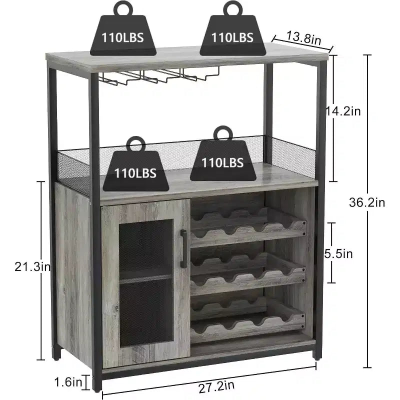 3-Tier Bar Cabinet with Detachable Wine Rack, Adjustable Shelves, Glass Holders, Buffet Sideboard for Dining Room Kitchen Living Room
