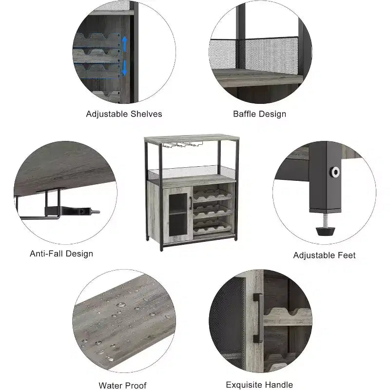 3-Tier Bar Cabinet with Detachable Wine Rack, Adjustable Shelves, Glass Holders, Buffet Sideboard for Dining Room Kitchen Living Room