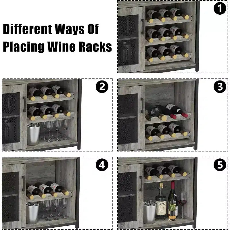 3-Tier Bar Cabinet with Detachable Wine Rack, Adjustable Shelves, Glass Holders, Buffet Sideboard for Dining Room Kitchen Living Room