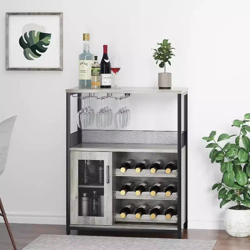 3-Tier Bar Cabinet with Detachable Wine Rack, Adjustable Shelves, Glass Holders, Buffet Sideboard for Dining Room Kitchen Living Room