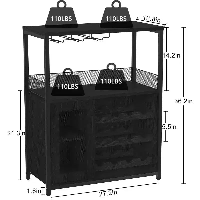 3-Tier Bar Cabinet with Detachable Wine Rack, Adjustable Shelves, Glass Holders, Buffet Sideboard for Dining Room Kitchen Living Room