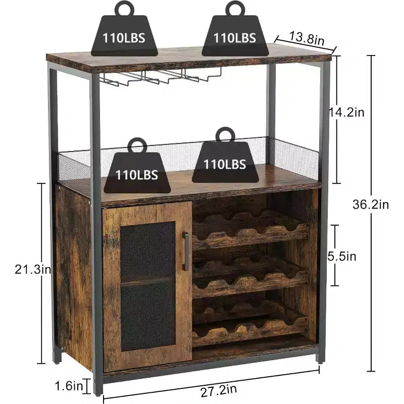 3-Tier Bar Cabinet with Detachable Wine Rack, Adjustable Shelves, Glass Holders, Buffet Sideboard for Dining Room Kitchen Living Room