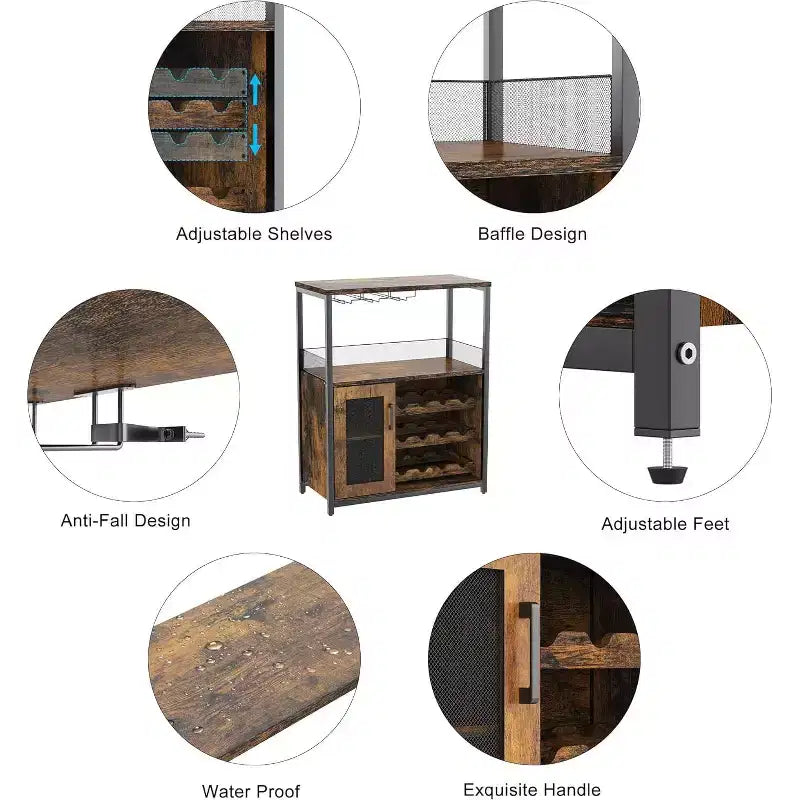 3-Tier Bar Cabinet with Detachable Wine Rack, Adjustable Shelves, Glass Holders, Buffet Sideboard for Dining Room Kitchen Living Room