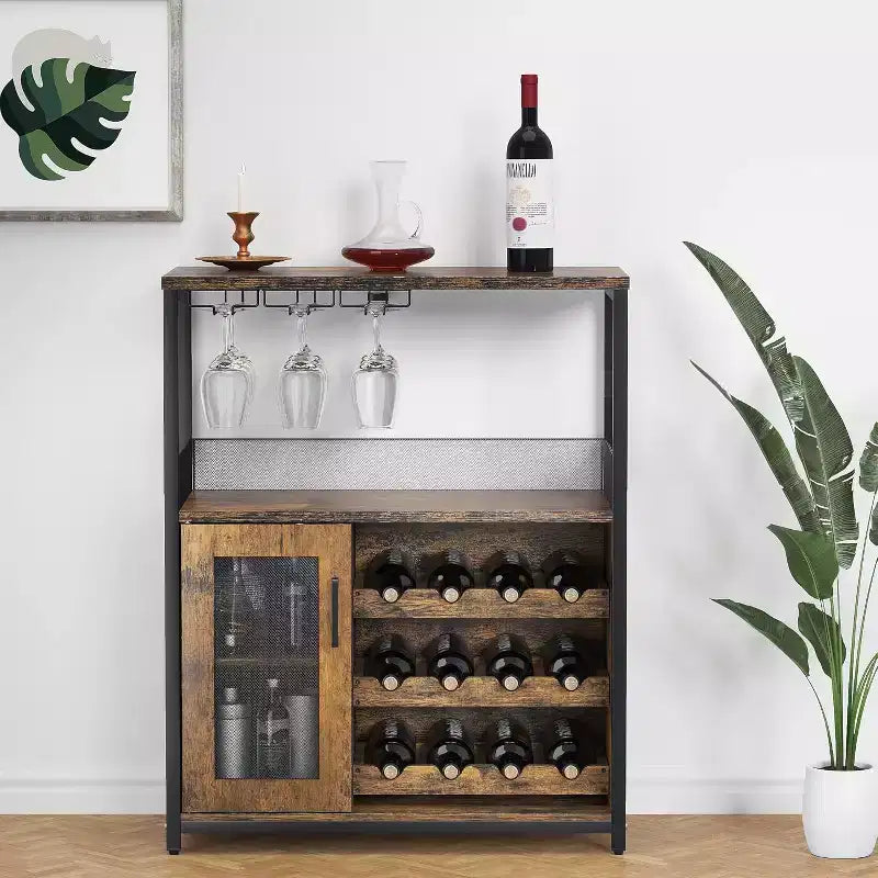 3-Tier Bar Cabinet with Detachable Wine Rack, Adjustable Shelves, Glass Holders, Buffet Sideboard for Dining Room Kitchen Living Room