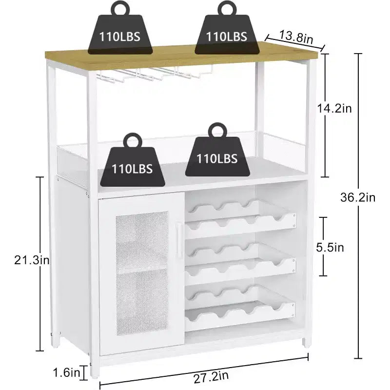3-Tier Bar Cabinet with Detachable Wine Rack, Adjustable Shelves, Glass Holders, Buffet Sideboard for Dining Room Kitchen Living Room