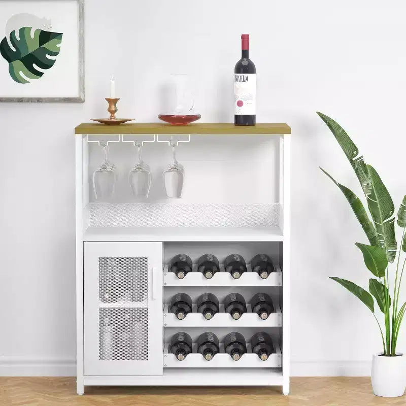 3-Tier Bar Cabinet with Detachable Wine Rack, Adjustable Shelves, Glass Holders, Buffet Sideboard for Dining Room Kitchen Living Room