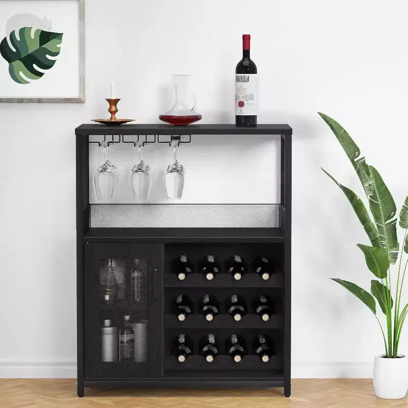 3-Tier Bar Cabinet with Detachable Wine Rack, Adjustable Shelves, Glass Holders, Buffet Sideboard for Dining Room Kitchen Living Room