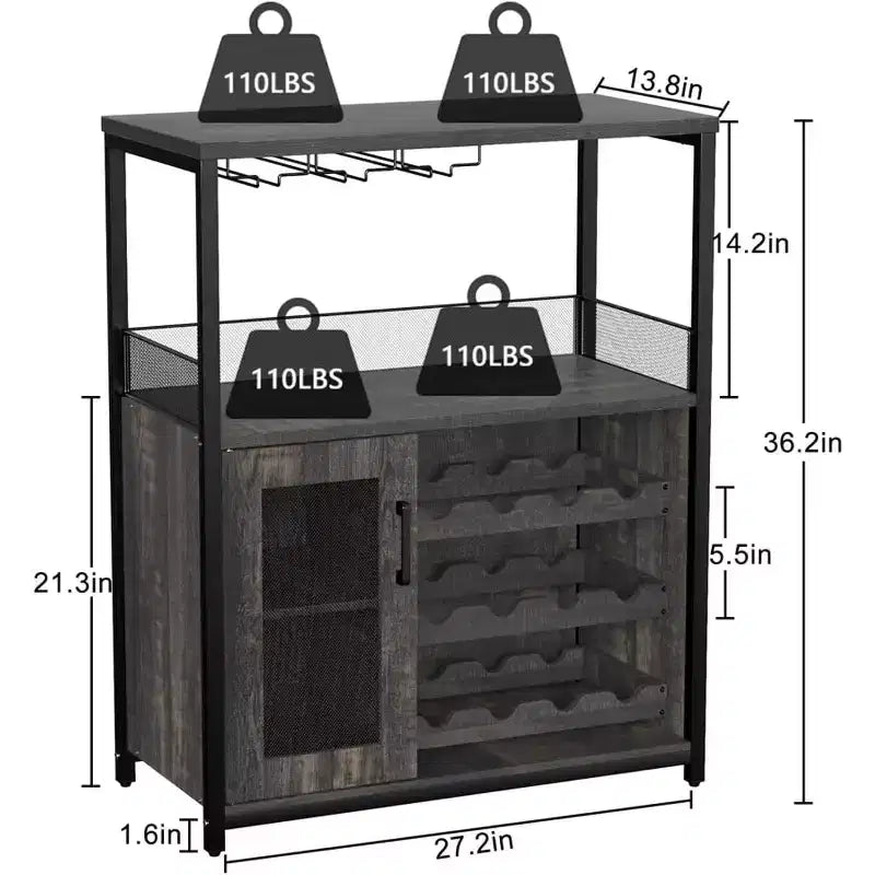 3-Tier Bar Cabinet with Detachable Wine Rack, Adjustable Shelves, Glass Holders, Buffet Sideboard for Dining Room Kitchen Living Room