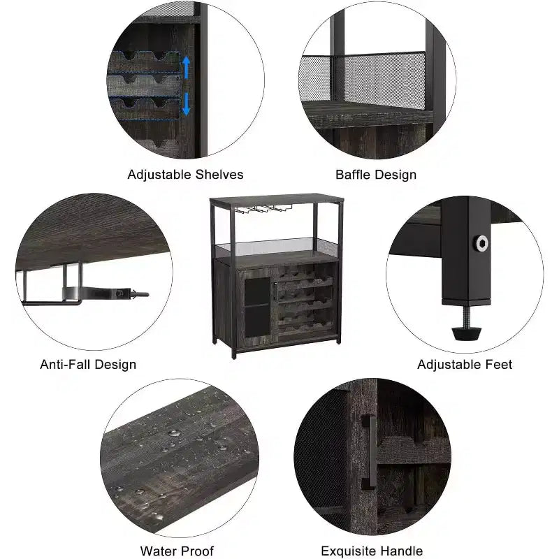 3-Tier Bar Cabinet with Detachable Wine Rack, Adjustable Shelves, Glass Holders, Buffet Sideboard for Dining Room Kitchen Living Room