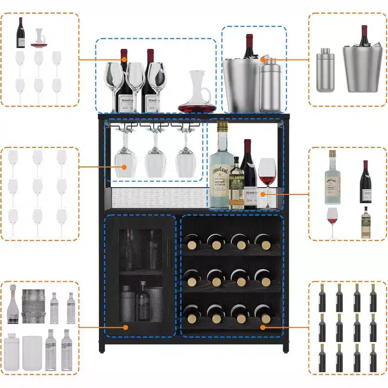 3-Tier Bar Cabinet with Detachable Wine Rack, Adjustable Shelves, Glass Holders, Buffet Sideboard for Dining Room Kitchen Living Room