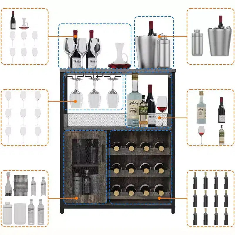 3-Tier Bar Cabinet with Detachable Wine Rack, Adjustable Shelves, Glass Holders, Buffet Sideboard for Dining Room Kitchen Living Room
