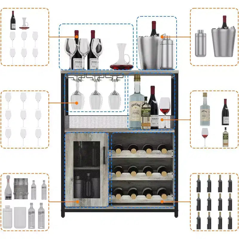 3-Tier Bar Cabinet with Detachable Wine Rack, Adjustable Shelves, Glass Holders, Buffet Sideboard for Dining Room Kitchen Living Room