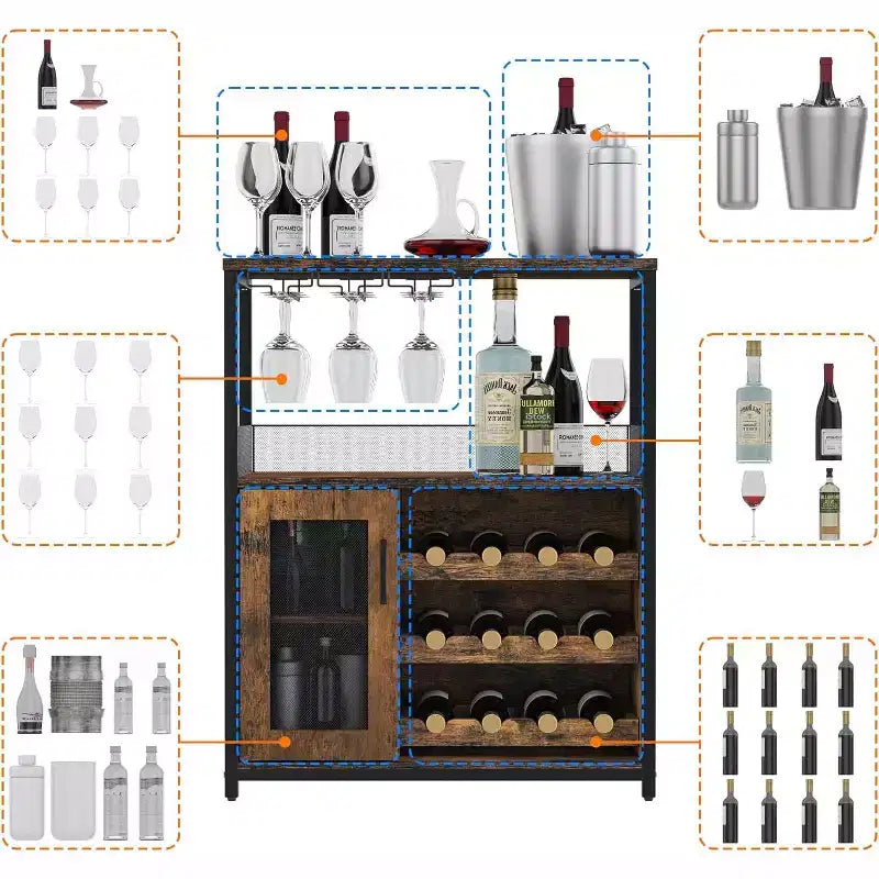 3-Tier Bar Cabinet with Detachable Wine Rack, Adjustable Shelves, Glass Holders, Buffet Sideboard for Dining Room Kitchen Living Room