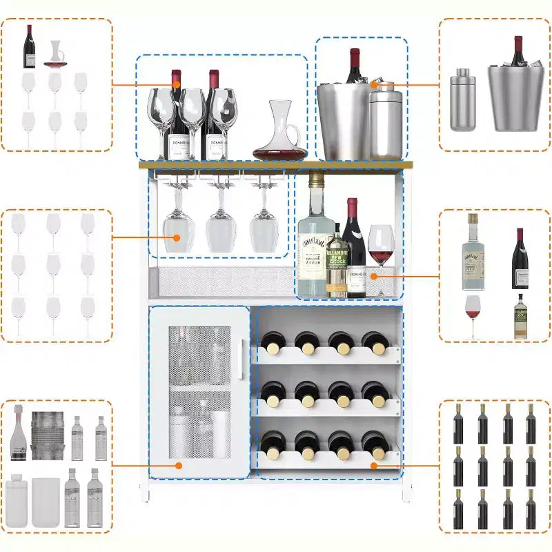 3-Tier Bar Cabinet with Detachable Wine Rack, Adjustable Shelves, Glass Holders, Buffet Sideboard for Dining Room Kitchen Living Room