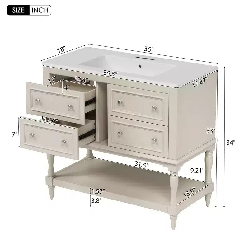 36 Bathroom Vanity with Sink, Bathroom Storage Cabinet with Drawers, Wood Single Sink Bathroom Vanity