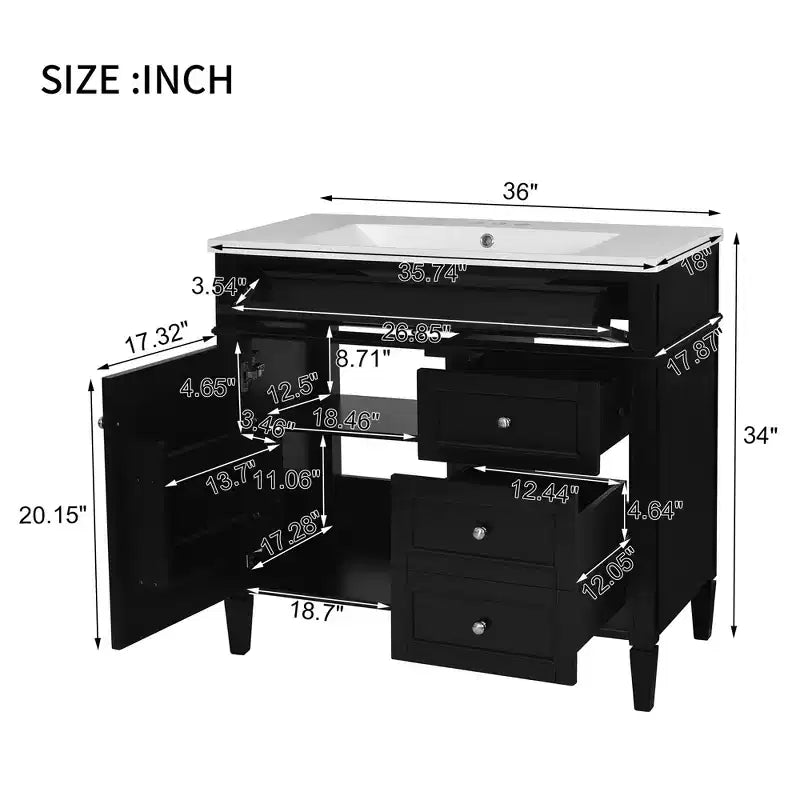 36Bathroom Vanity with Sink, Bathroom Storage Cabinet with Drawers, Single Sink Bathroom Vanity