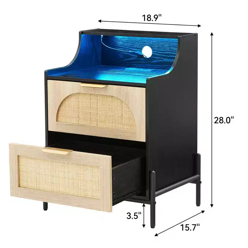 2-Pack Black Rattan Nightstand with Charging Station C USB Port, LED Lights & 2 Drawers, Modern Bedside/End Table for Bedroom, Living Room & Dorm
