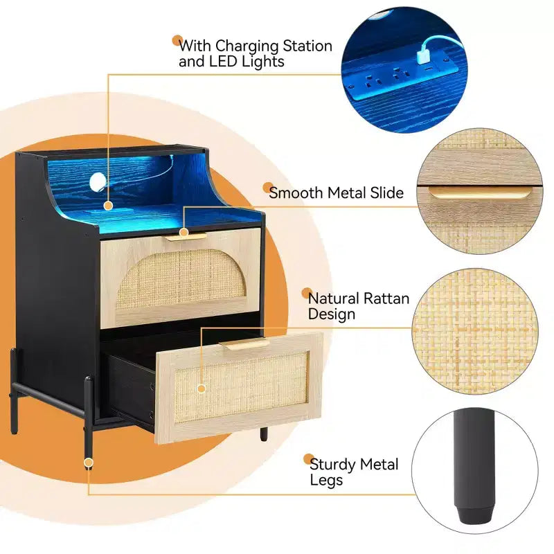 2-Pack Black Rattan Nightstand with Charging Station C USB Port, LED Lights & 2 Drawers, Modern Bedside/End Table for Bedroom, Living Room & Dorm