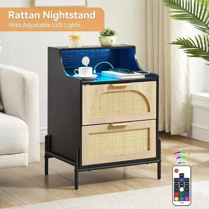 2-Pack Black Rattan Nightstand with Charging Station C USB Port, LED Lights & 2 Drawers, Modern Bedside/End Table for Bedroom, Living Room & Dorm