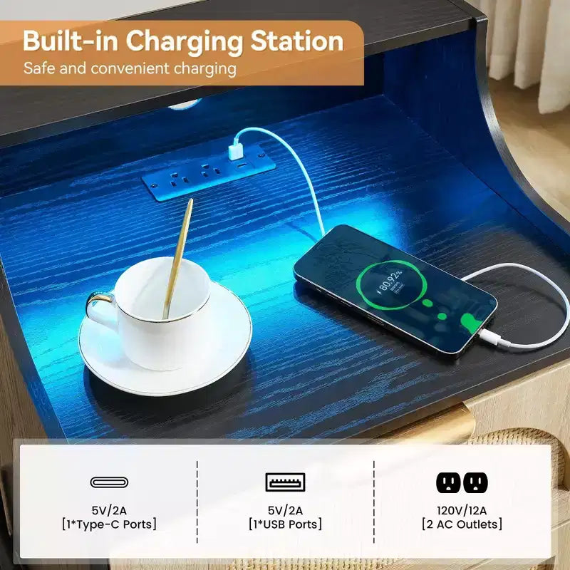 2-Pack Black Rattan Nightstand with Charging Station C USB Port, LED Lights & 2 Drawers, Modern Bedside/End Table for Bedroom, Living Room & Dorm