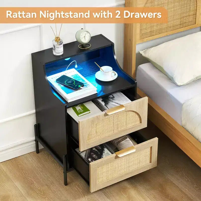 2-Pack Black Rattan Nightstand with Charging Station C USB Port, LED Lights & 2 Drawers, Modern Bedside/End Table for Bedroom, Living Room & Dorm
