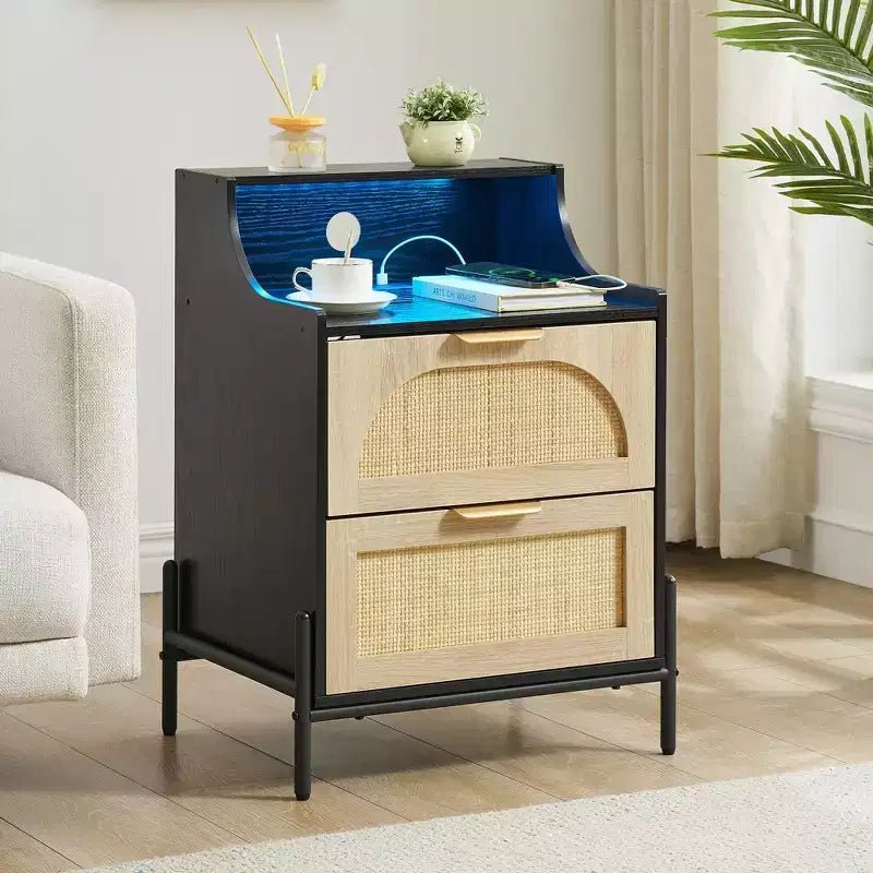 2-Pack Black Rattan Nightstand with Charging Station C USB Port, LED Lights & 2 Drawers, Modern Bedside/End Table for Bedroom, Living Room & Dorm