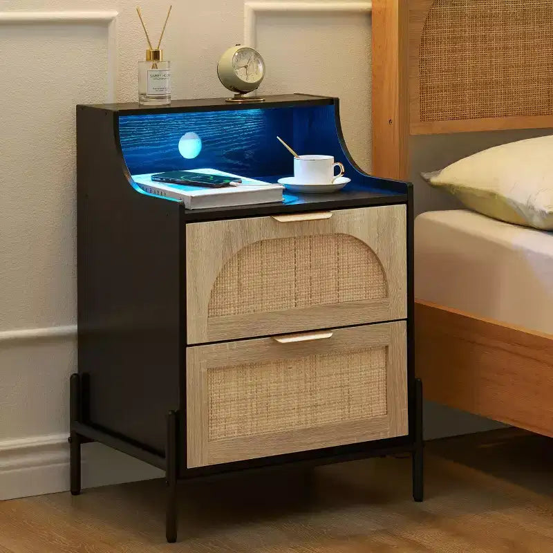 2-Pack Black Rattan Nightstand with Charging Station C USB Port, LED Lights & 2 Drawers, Modern Bedside/End Table for Bedroom, Living Room & Dorm