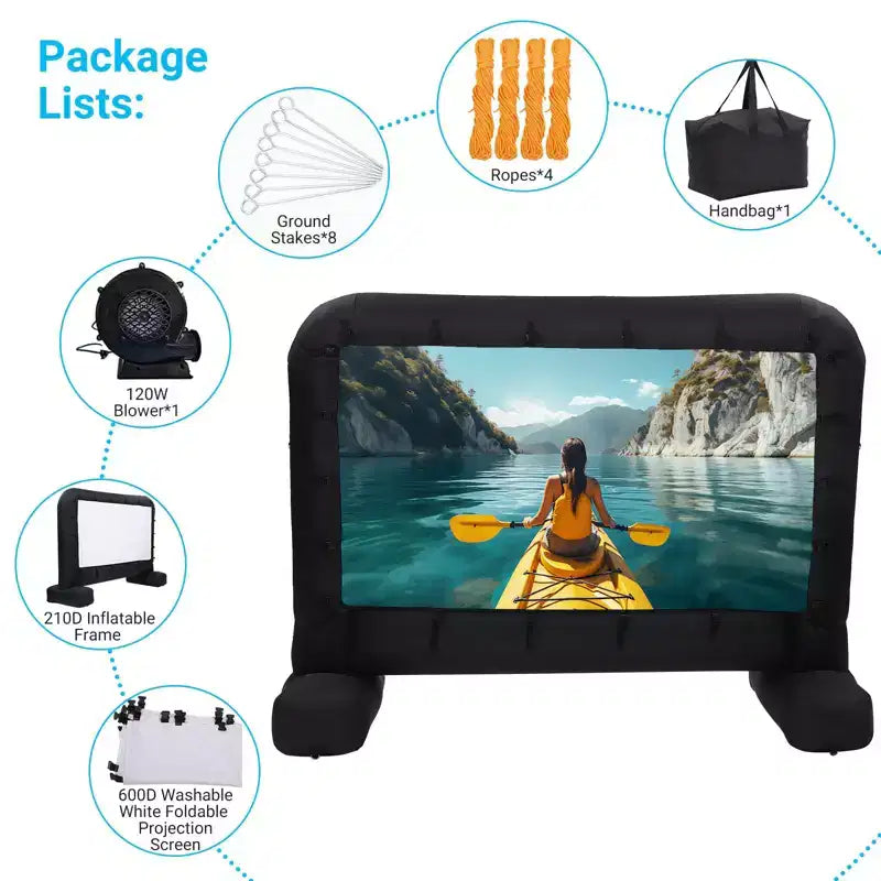 14Ft Inflatable Projector Screen, Outdoor Movie Screen Support with Quiet Air Blower and Storage Bag Support Front and Rear Projection