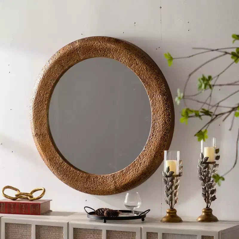 31.3 Hammered Textured Round Wall Mirror, Decorative Accent Mirror Rustic Mirror for Living Room Bedroom, Gold - ModernLuxe