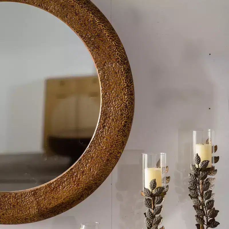 31.3 Hammered Textured Round Wall Mirror, Decorative Accent Mirror Rustic Mirror for Living Room Bedroom, Gold - ModernLuxe