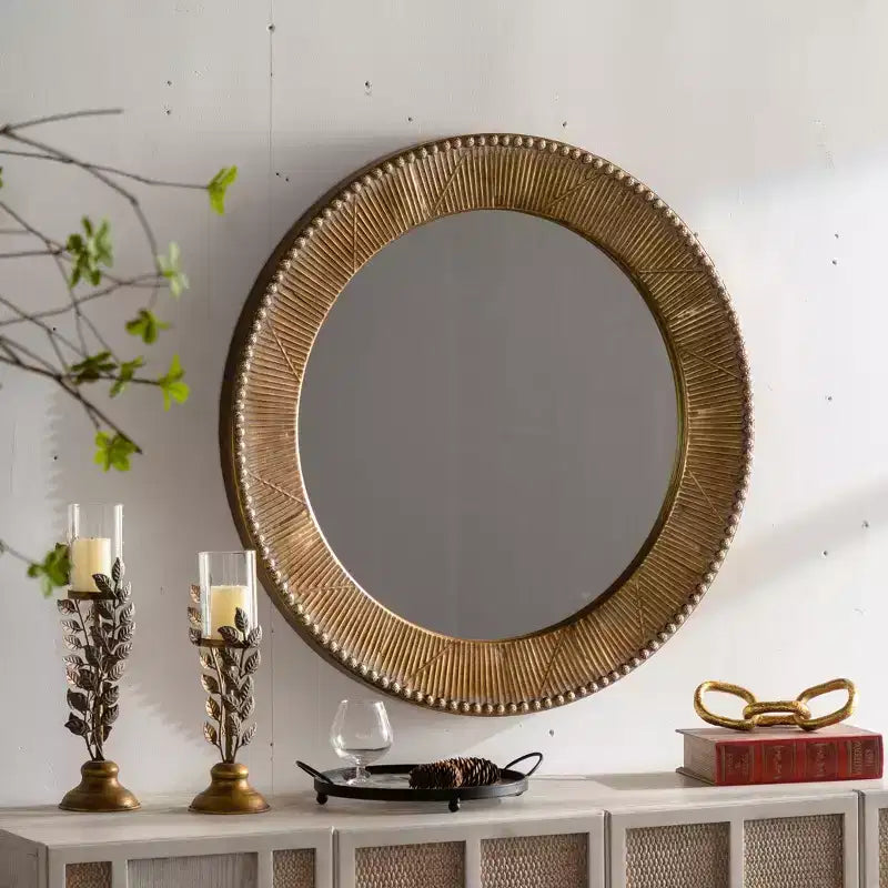31.3 Hammered Textured Round Wall Mirror, Decorative Accent Mirror Rustic Mirror for Living Room Bedroom, Gold - ModernLuxe