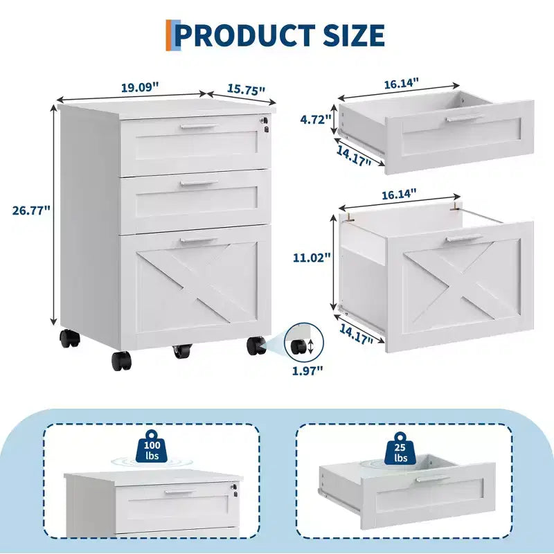 3-Drawer File Cabinet with Lock, Mobile Under Desk Filing Cabinet for Home Office, Wood Storage Organizer for Letter/a4/Legal Size Documents