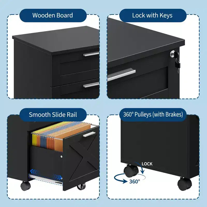 3-Drawer File Cabinet with Lock, Mobile Under Desk Filing Cabinet for Home Office, Wood Storage Organizer for Letter/a4/Legal Size Documents