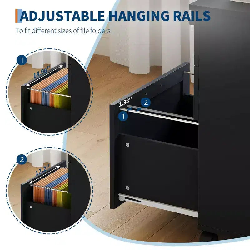 3-Drawer File Cabinet with Lock, Mobile Under Desk Filing Cabinet for Home Office, Wood Storage Organizer for Letter/a4/Legal Size Documents