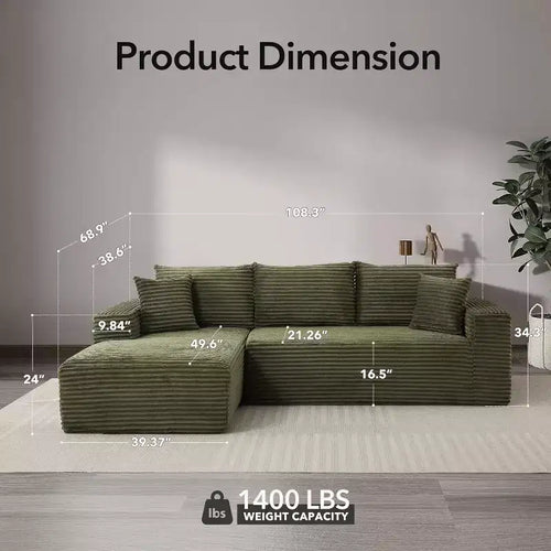 108-inch L-shaped Modular Sofa, Modern Deep Boneless Sofa Living Room, 3-seater, no Assembly Required