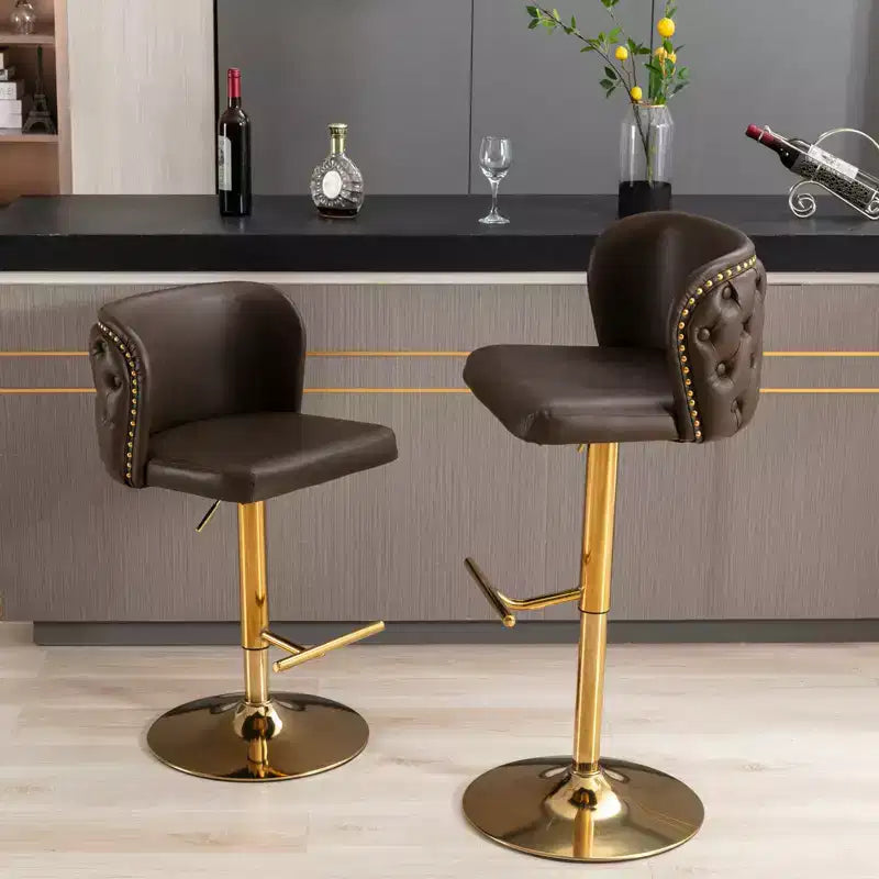 2Pcs Bar Stool Set, PU Upholstered Counter Chairs with Gold Nailheads and Base Swivel Kitchen Island Chairs, Adjustable Height