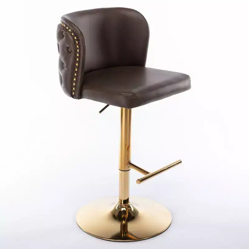 2Pcs Bar Stool Set, PU Upholstered Counter Chairs with Gold Nailheads and Base Swivel Kitchen Island Chairs, Adjustable Height