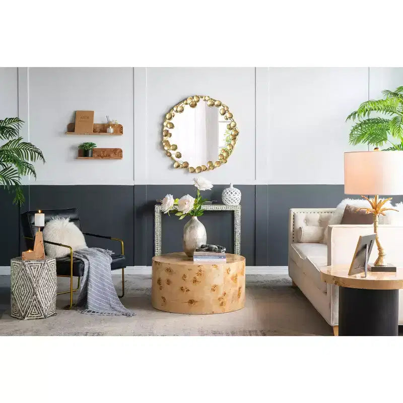 35 Inch Round Metal Wall Mirror with Golden Leaf Accents