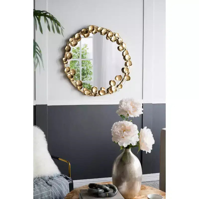 35 Inch Round Metal Wall Mirror with Golden Leaf Accents