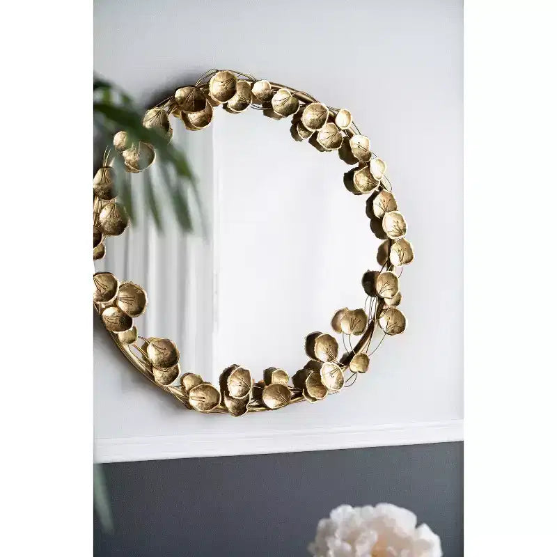 35 Inch Round Metal Wall Mirror with Golden Leaf Accents