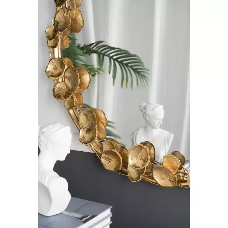 35 Inch Round Metal Wall Mirror with Golden Leaf Accents