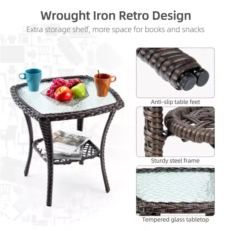 3-Piece Outdoor Wicker Patio Bistro Set with 360-Degree Swivel Rocking Chairs and Tempered Glass Side Table for Porch Garden