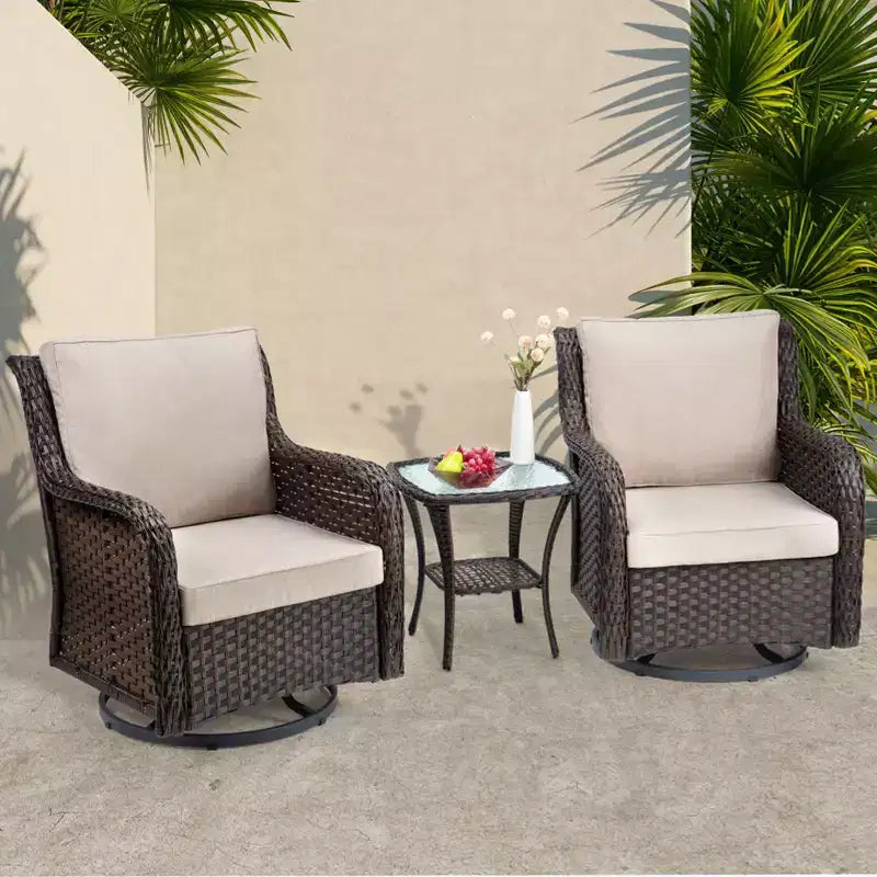 3-Piece Outdoor Wicker Patio Bistro Set with 360-Degree Swivel Rocking Chairs and Tempered Glass Side Table for Porch Garden