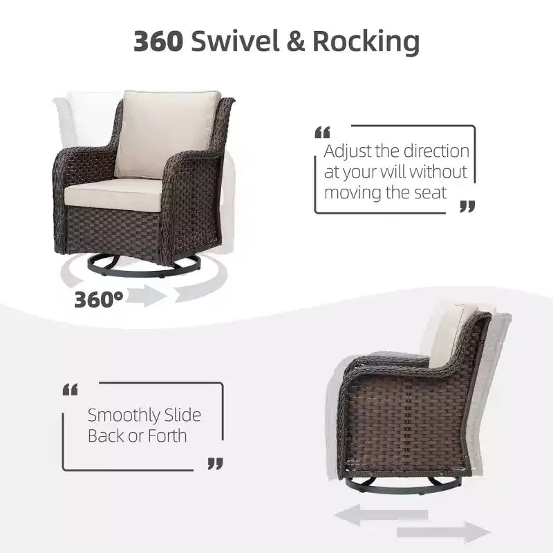 3-Piece Outdoor Wicker Patio Bistro Set with 360-Degree Swivel Rocking Chairs and Tempered Glass Side Table for Porch Garden
