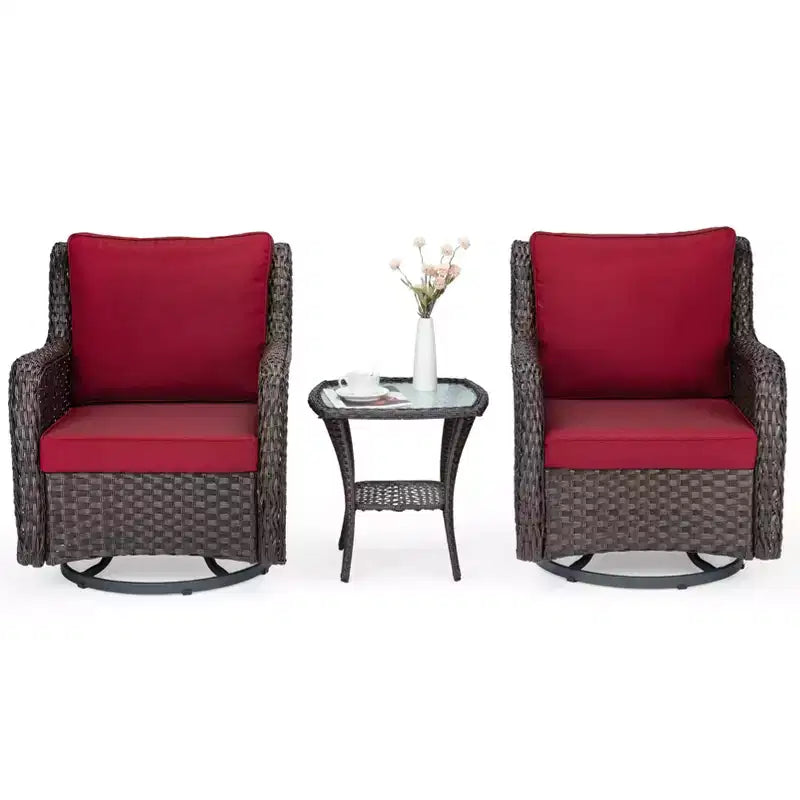 3-Piece Outdoor Wicker Patio Bistro Set with 360-Degree Swivel Rocking Chairs and Tempered Glass Side Table for Porch Garden