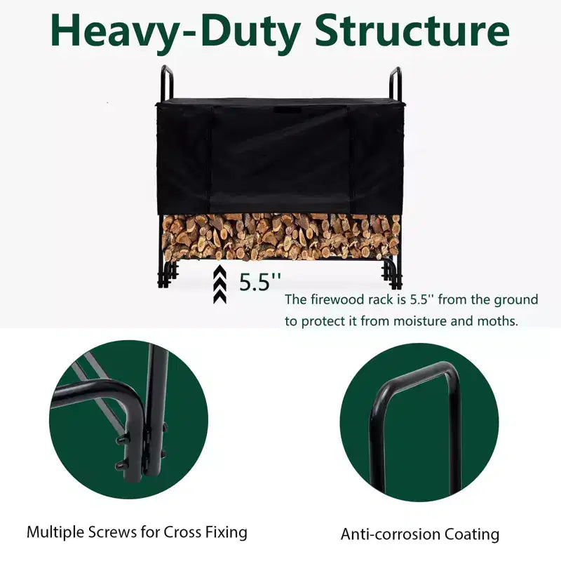 4 FT Premium Outdoor Firewood Rack with Cover, Reinforced Stability, 440 lbs Capacity Wood Holder, Rust-Resistant Steel Tubing, Waterproof Cover